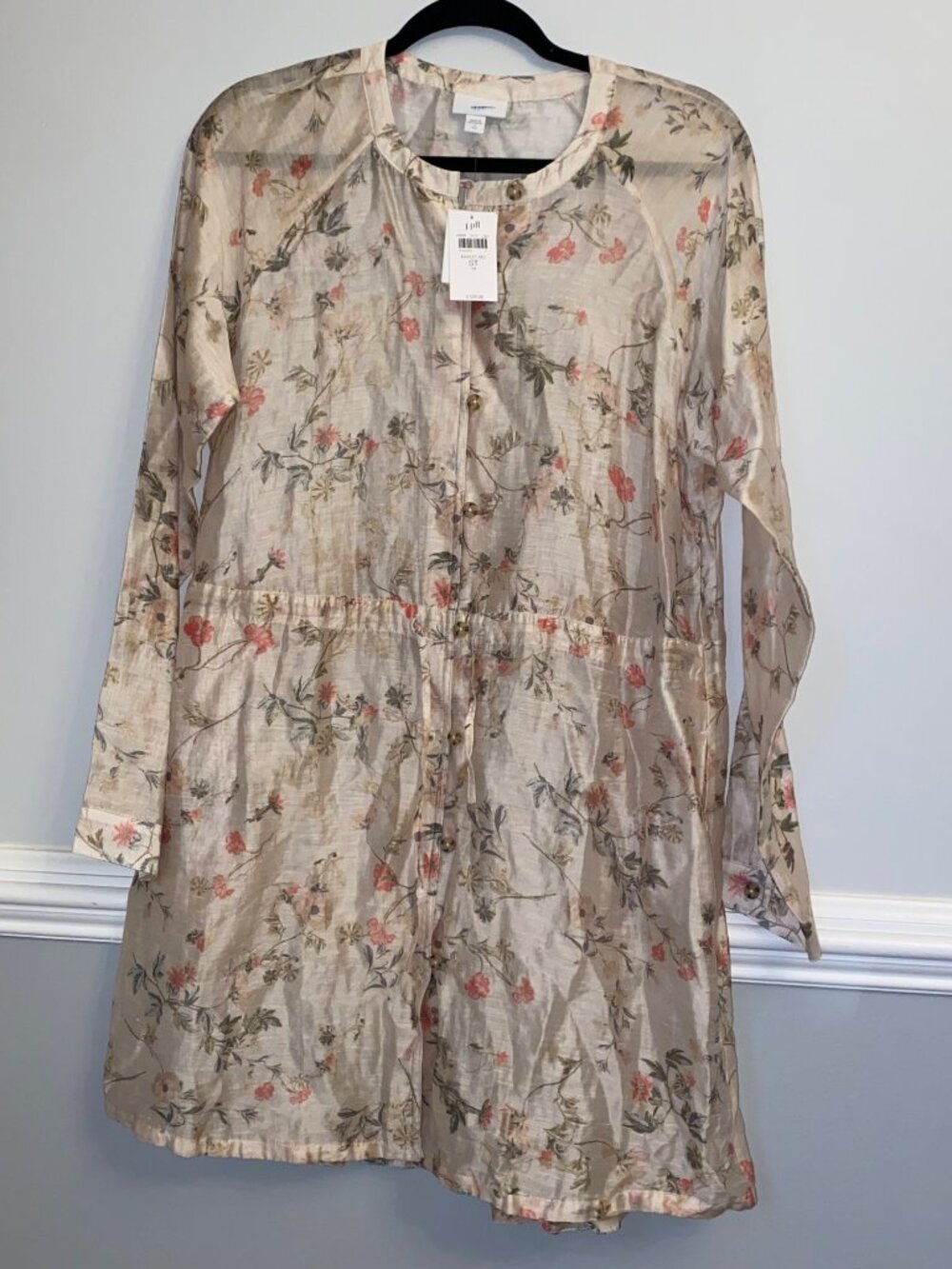 Women's J. Jill Gauzy Linen Blend Tunic Dress Button Down Tie Waist Floral Small